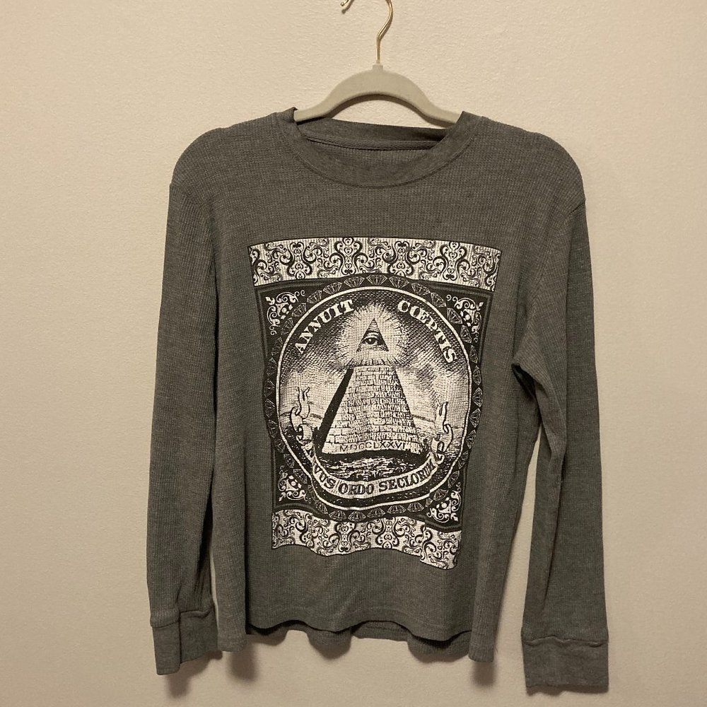 2 Monkeys Thermal Graphic T-Shirt Long Sleeve Sz S/M Gray Novus Ordo Seclorum